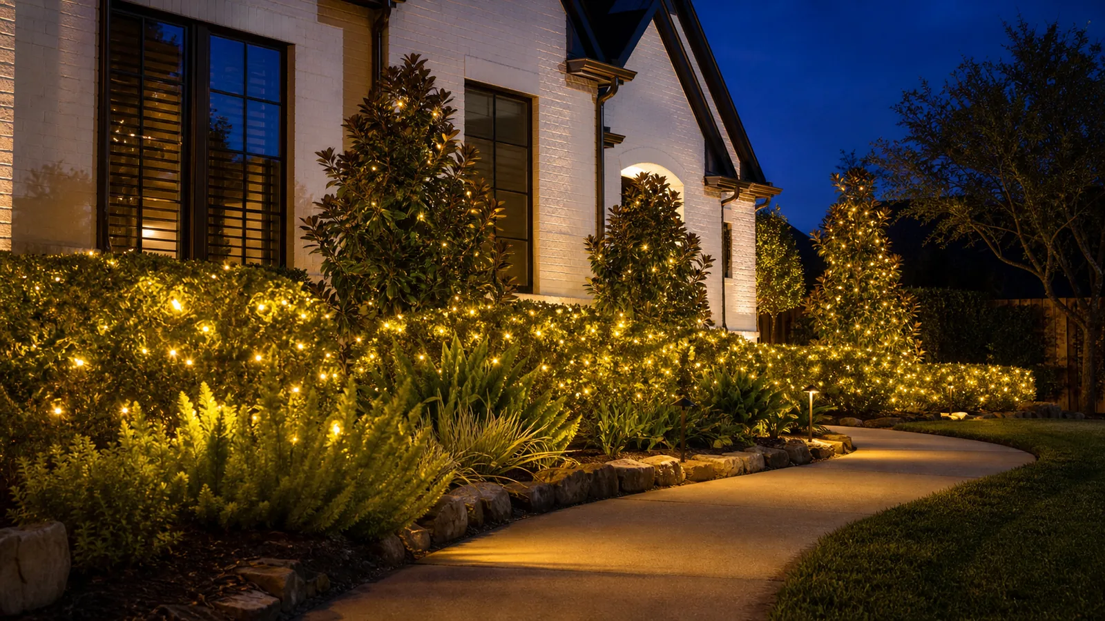 Warm-white Christmas lights arranged across shrubs and a landscaped walkway