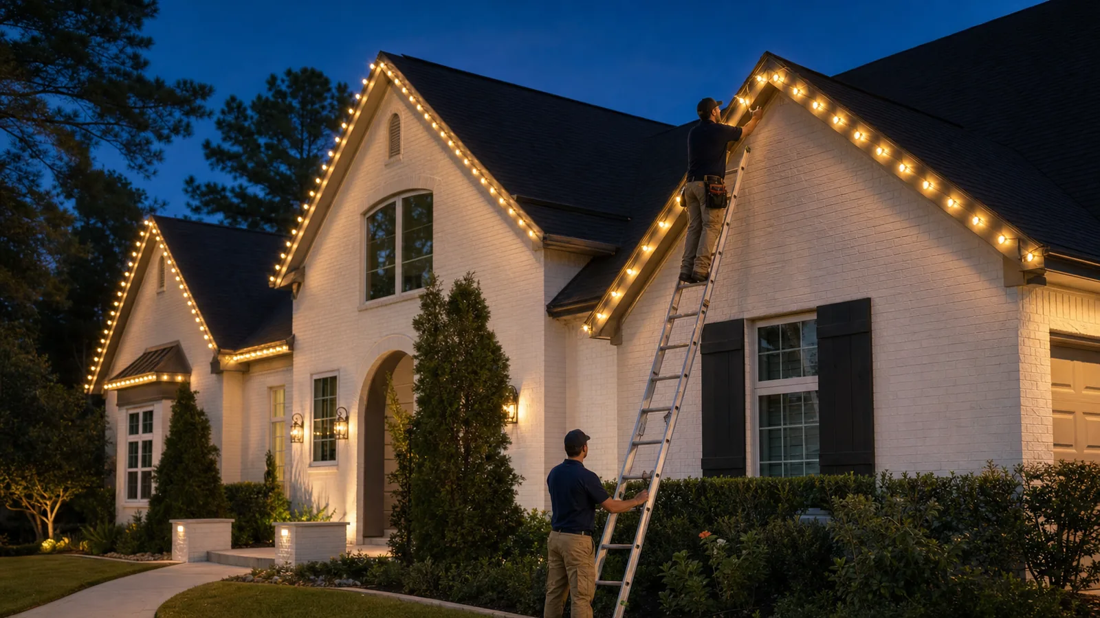 Professional installers fitting warm-white C9 lights to a Texas roofline