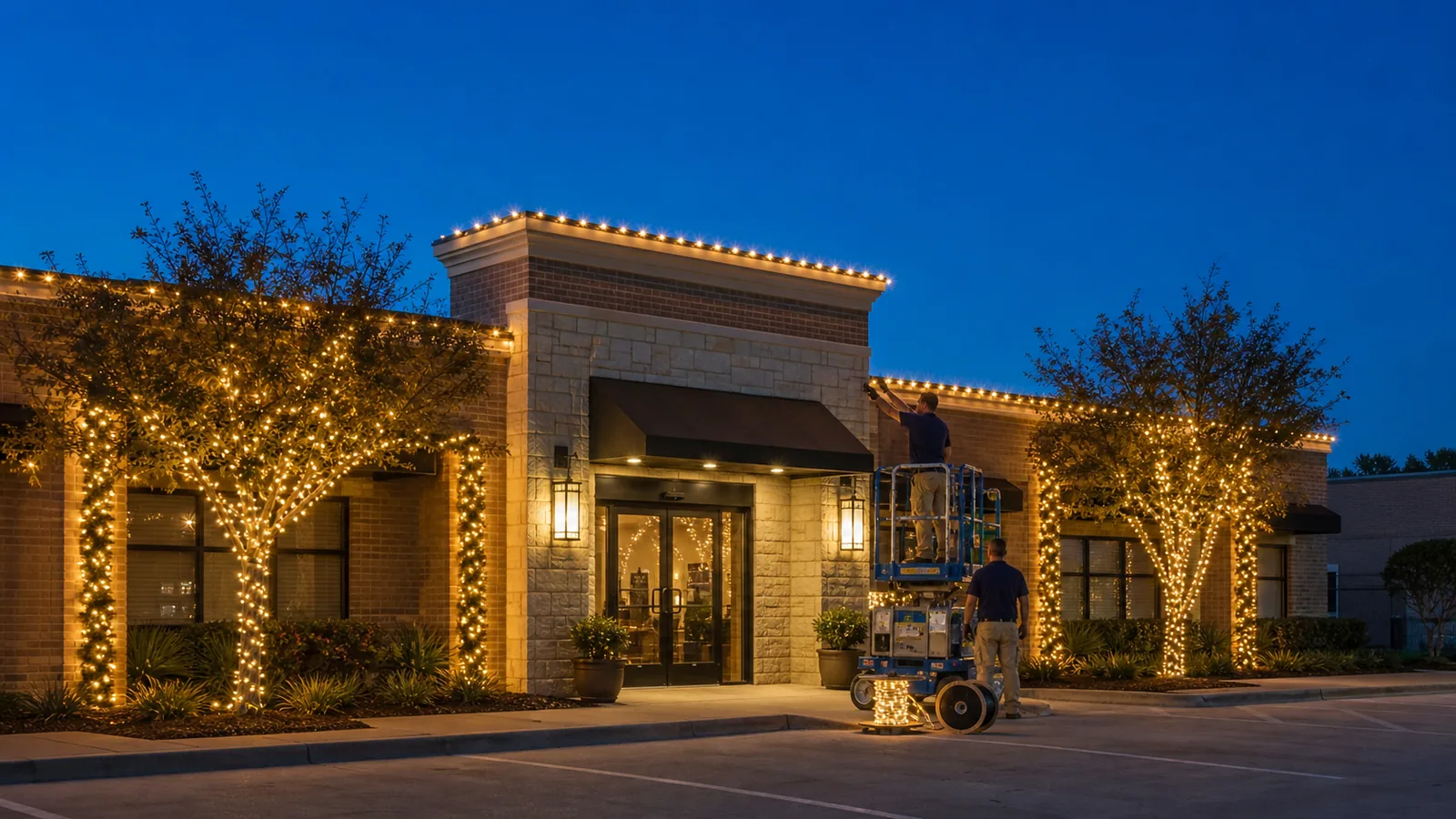 Professional Christmas-light crew finishing a coordinated commercial display