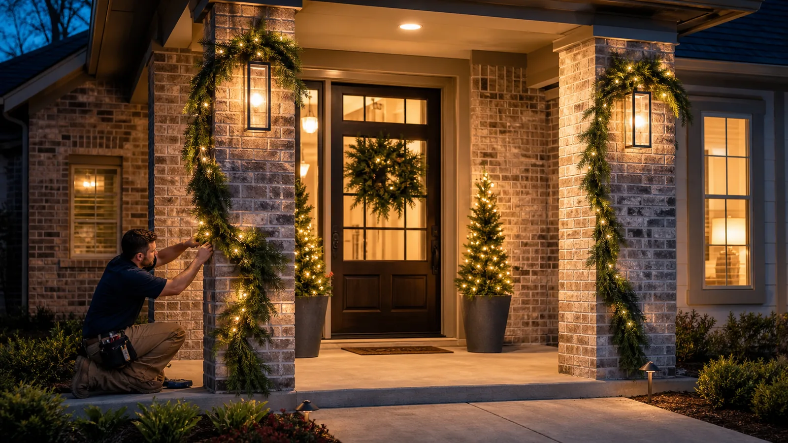 Installer securing coordinated lighted greenery to a front entry pillar