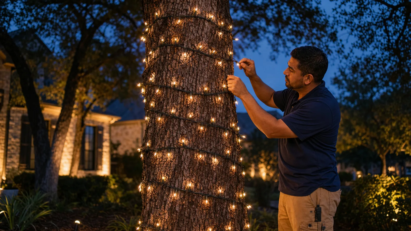 Installer carefully wrapping a mature Texas tree with warm-white lights