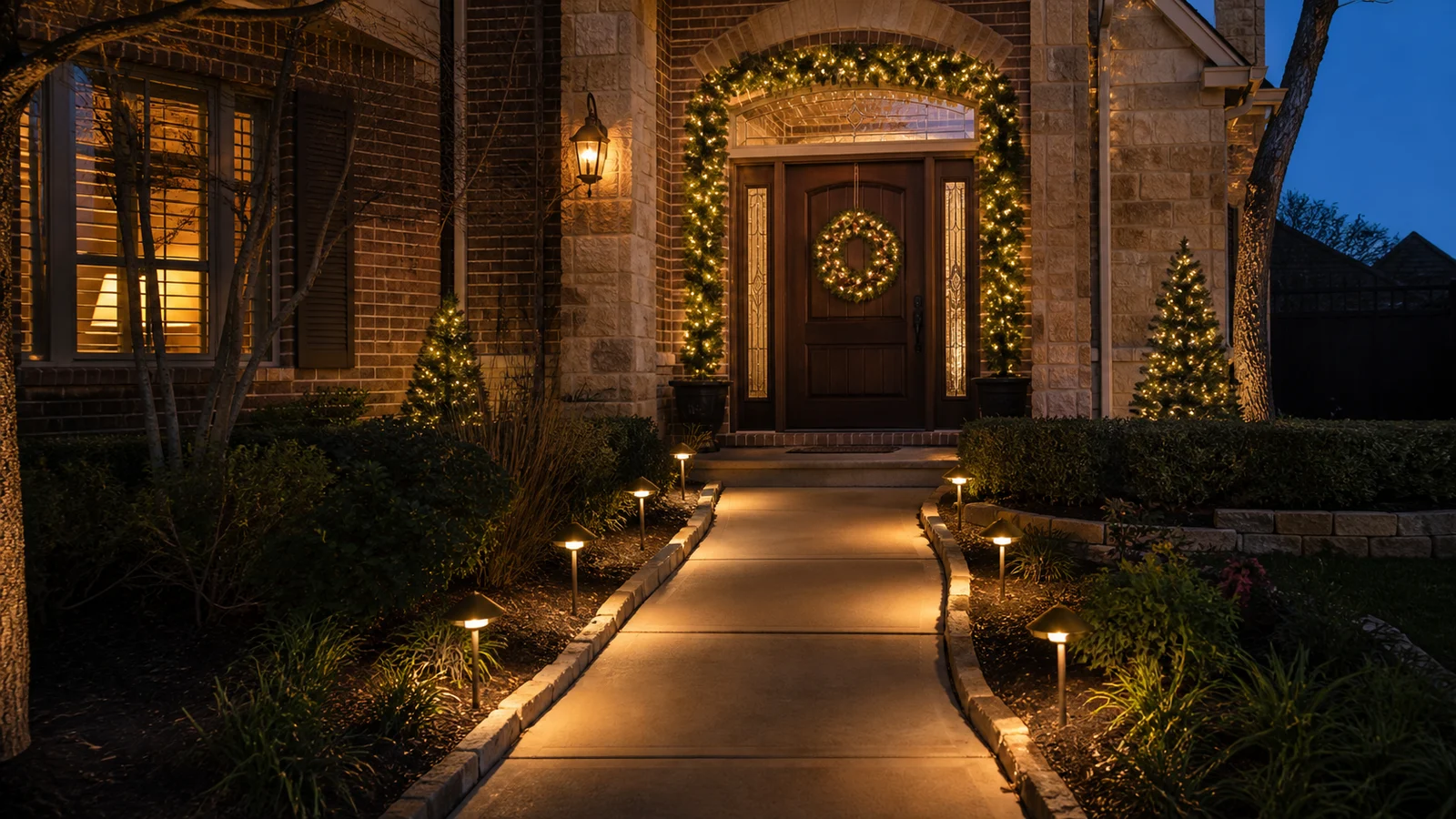 Christmas lights accenting a front walkway and approach