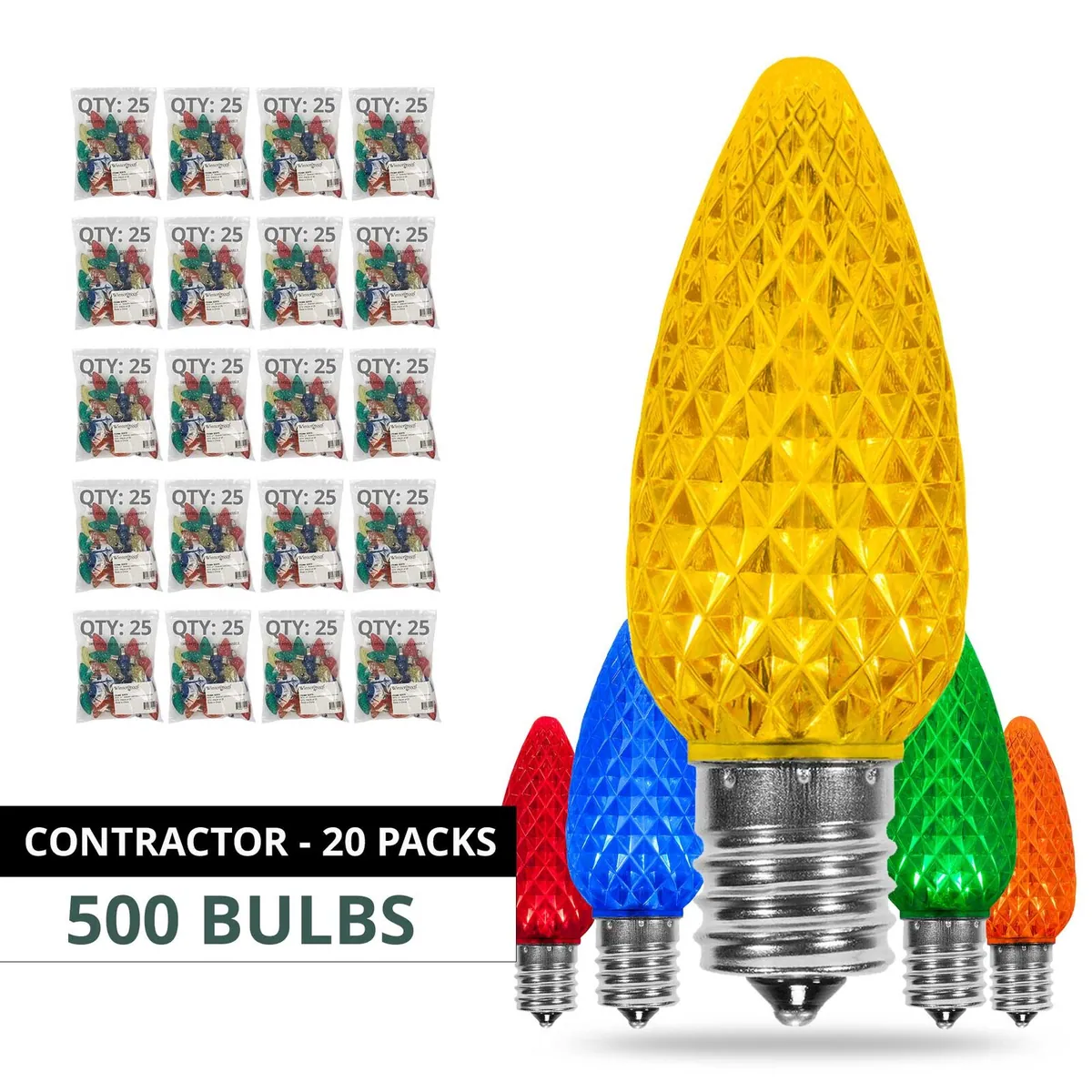 C9 Multi: Red, Blue, Amber, Green, Gold OptiCore LED Bulbs — 500-Bulb Contractor Case - Wintergreen Lighting® 82961
