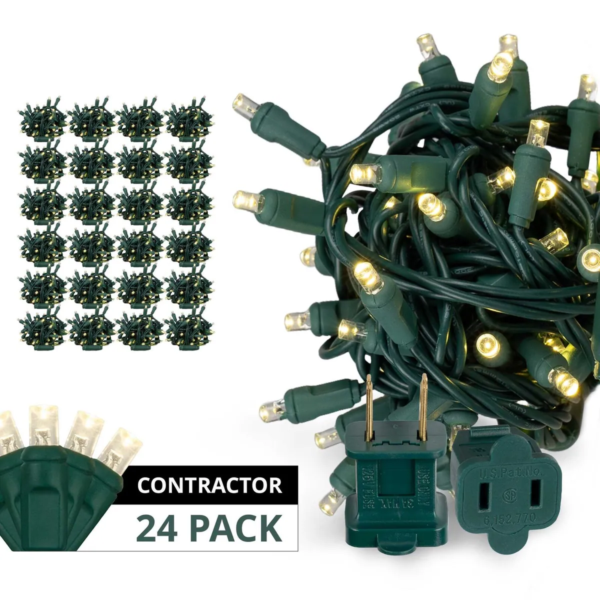 70 5mm Warm White LED Christmas Lights, Green Wire — 24-Set Contractor Case - Wintergreen Lighting® 84222