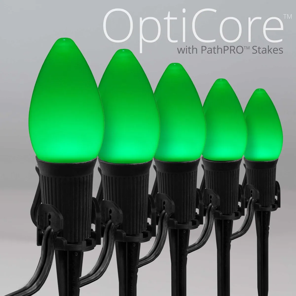 C7 Green Smooth OptiCore® Halloween Pathway Lights, 5" PathPRO TM Stakes - Wintergreen Lighting® 87686