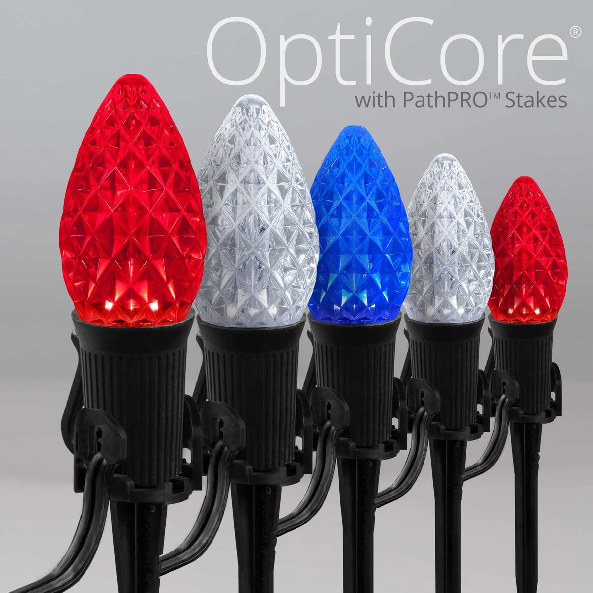 C7 Red / White / Blue OptiCore® Patriotic Pathway Lights, 5" PathPRO TM Stakes - Wintergreen Lighting® 85144