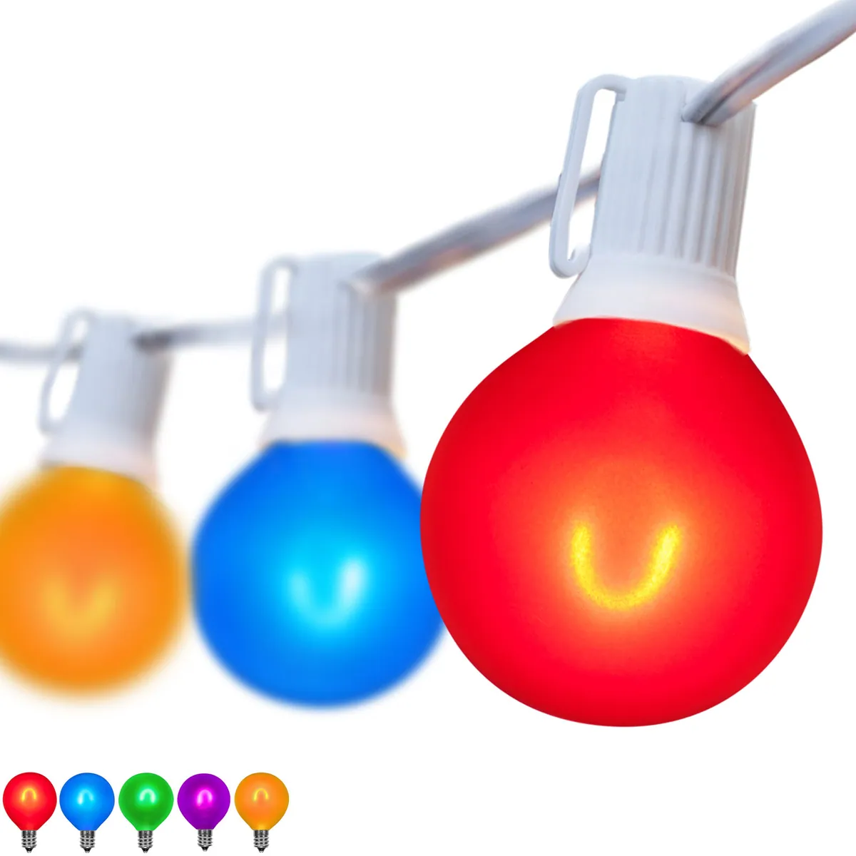 10' Multicolor FlexFilament TM Satin LED Patio String Light Set with 10 G50 Bulbs on White Wire, E17 Base - Wintergreen Lighting® 79807