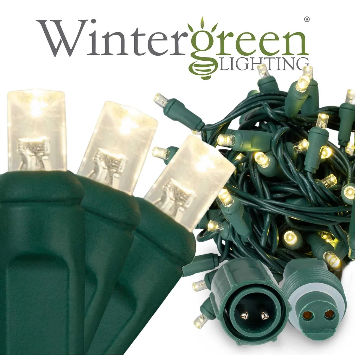 50 5mm Warm White WeatherPRO TM Commercial LED Lights, Green Wire, 4" Spacing - Wintergreen Lighting® 84224