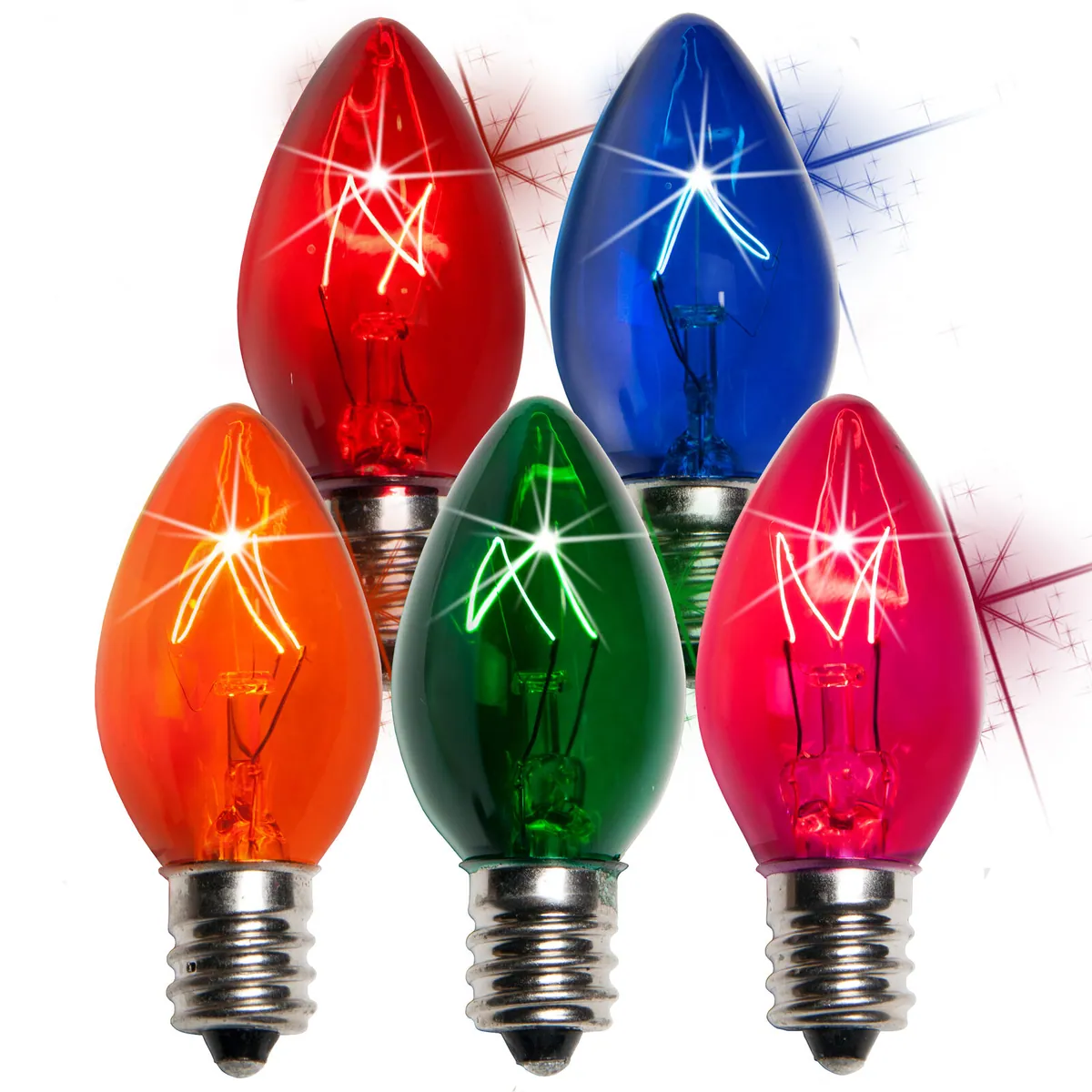 C7 Twinkle Multicolor Triple Dipped Transparent Bulbs, Box of 25 - Wintergreen Lighting® 15132
