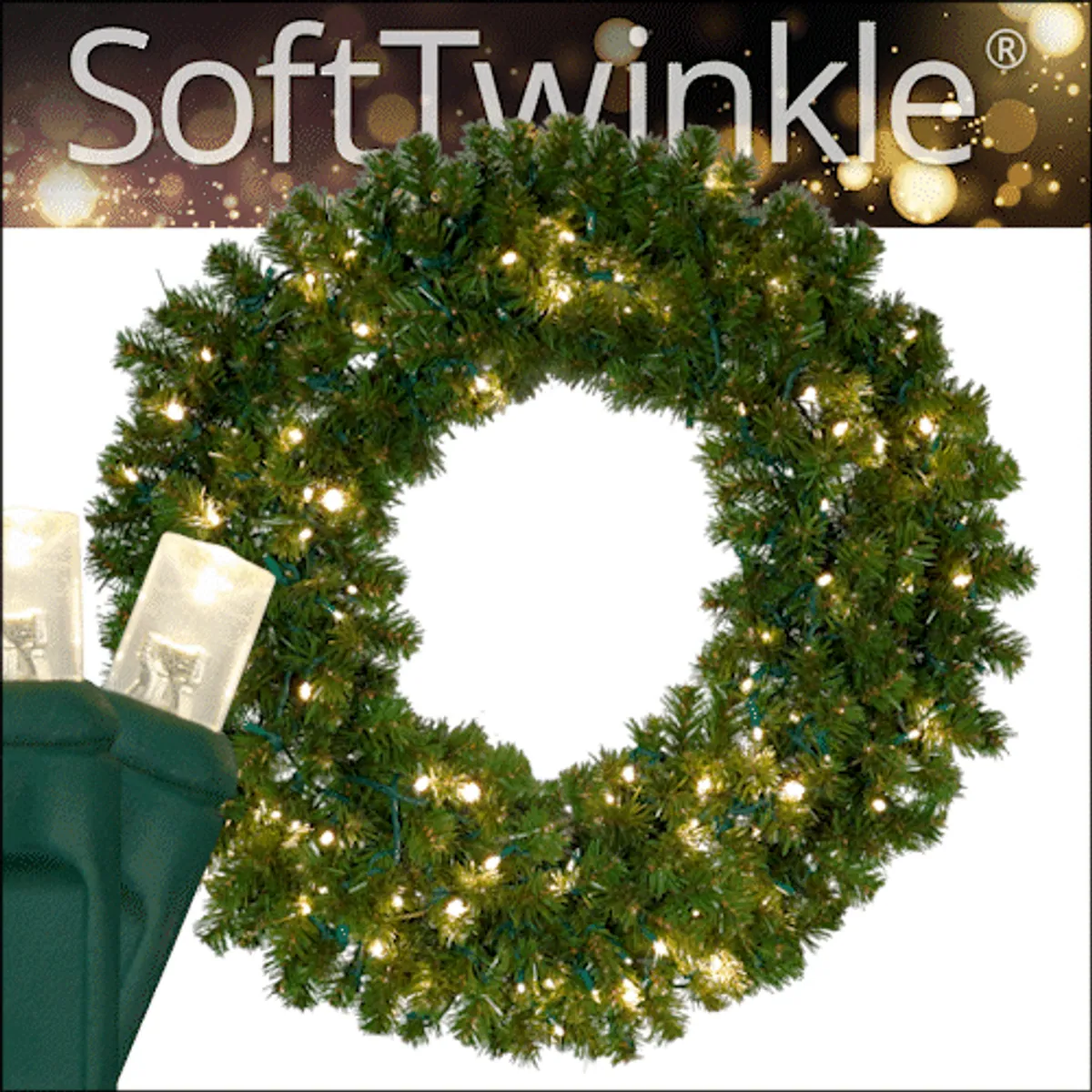 Sequoia Fir Prelit Commercial LED Holiday Wreath, Warm White SoftTwinkle® Lights — 36 in, 150 Lights - Red Sleigh® 84355
