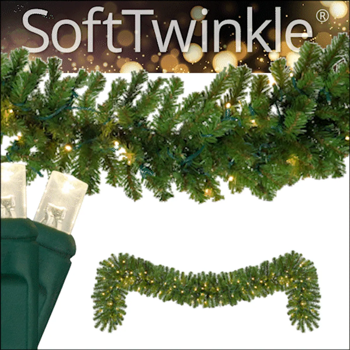 Sequoia Fir Prelit Commercial LED Holiday Garland, Warm White SoftTwinkle® Lights - Red Sleigh® 84317