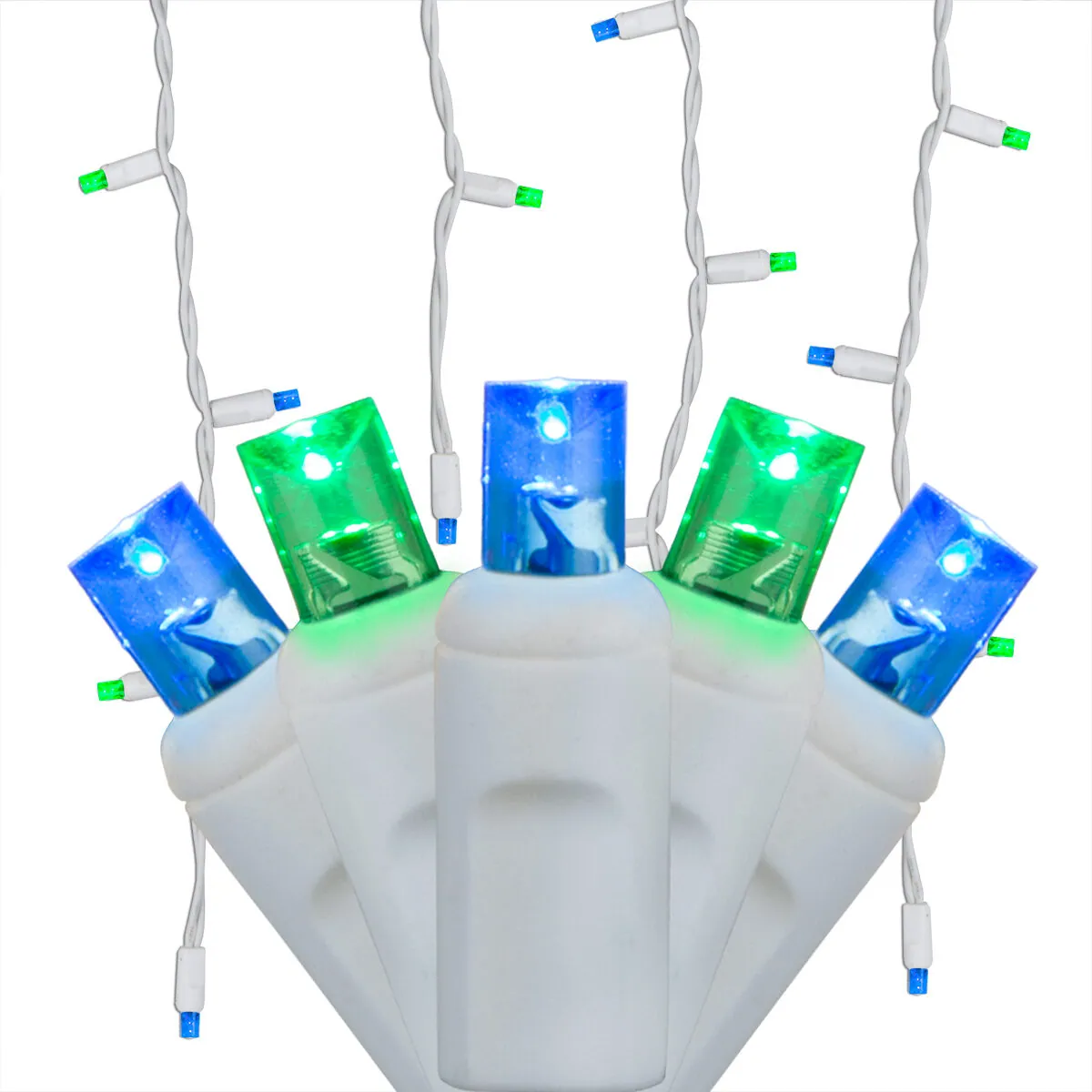 Blue, Green 5mm LED Icicle Lights on White Wire - Wintergreen Lighting® 72028