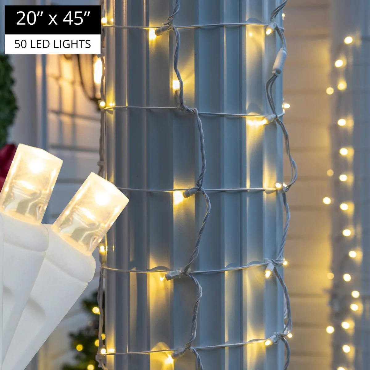 20" x 45" Warm White StretchNet Pro 5mm LED Christmas Column Wrap Lights, 50 Lights on White Wire - Wintergreen Lighting® 81120