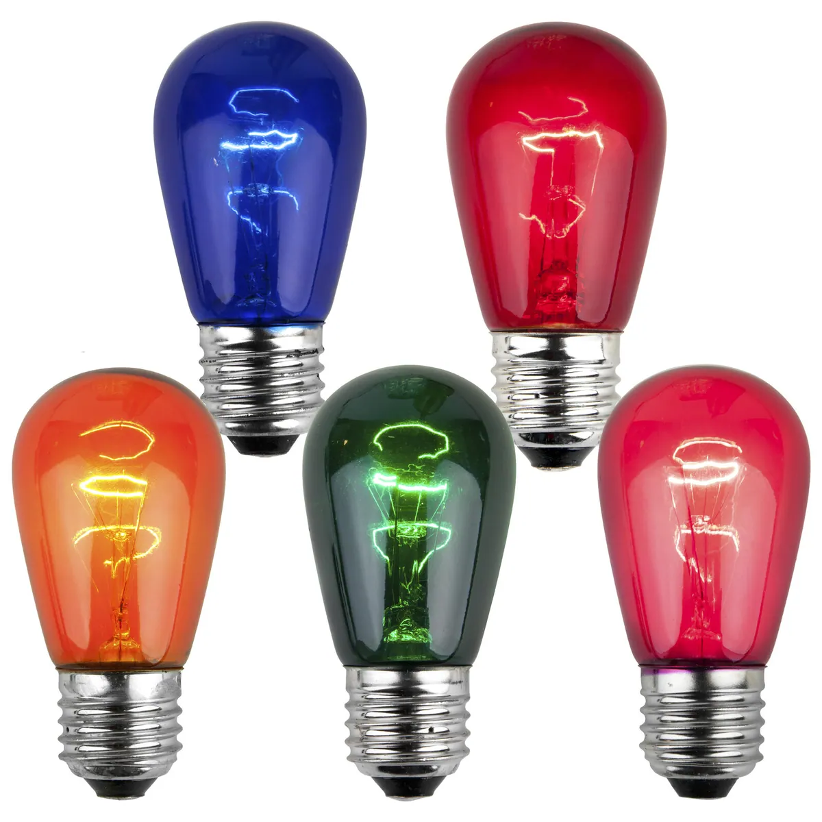 S14 Multicolor Transparent Bulbs, E26 - Medium Base, Box of 20 - Wintergreen Lighting® 21777