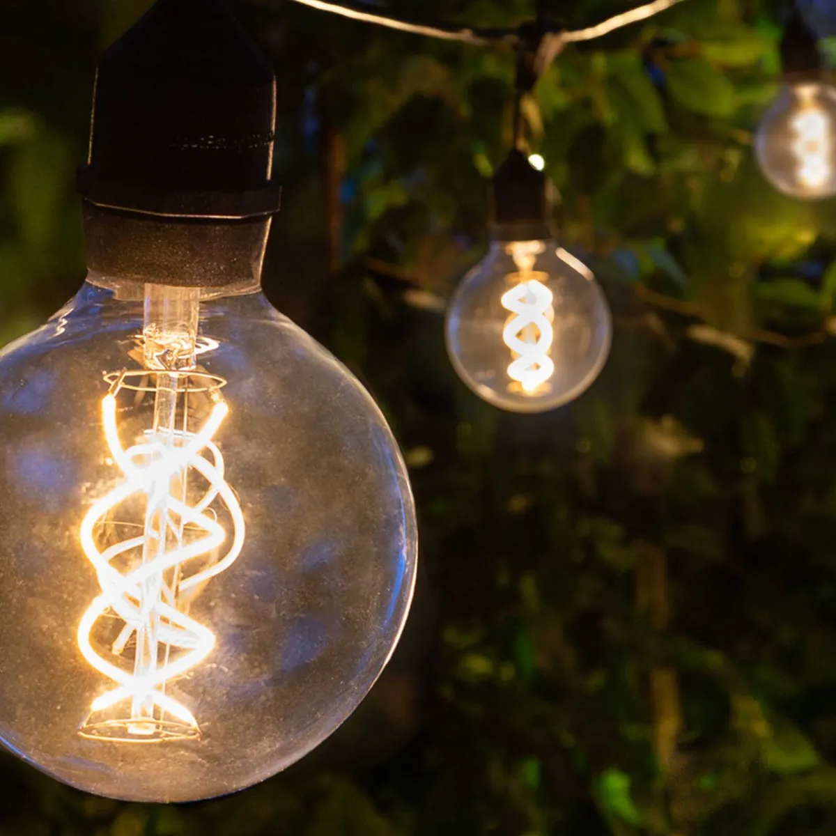 FlexFilament® LED Patio String Light Set with G95 Edison Bulbs on Black Wire with Drops — 10 Lights, 30 Feet - Wintergreen Lighting® 84783