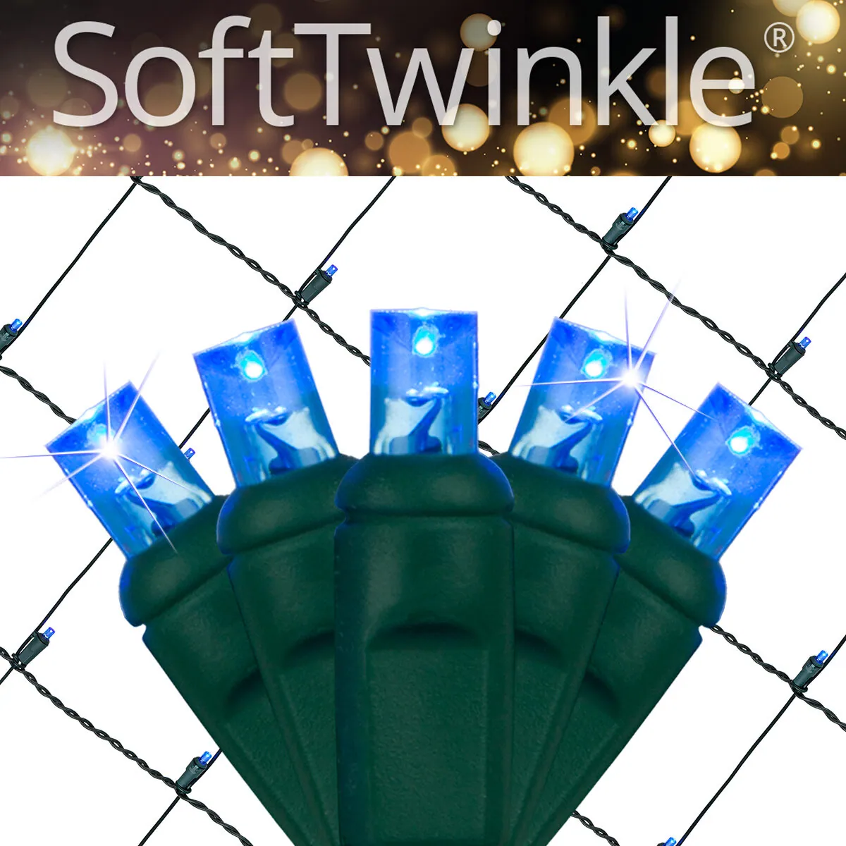 Blue SoftTwinkle® 5mm LED Christmas Net Lights on Green Wire - Wintergreen Lighting® 85181
