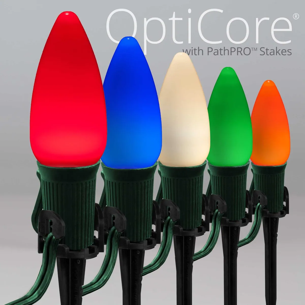 C9 Multicolor Smooth OptiCore Christmas Pathway Lights, 25 Lights, 5 Inch PathPRO TM Stakes, 25' - Wintergreen Lighting® 84798