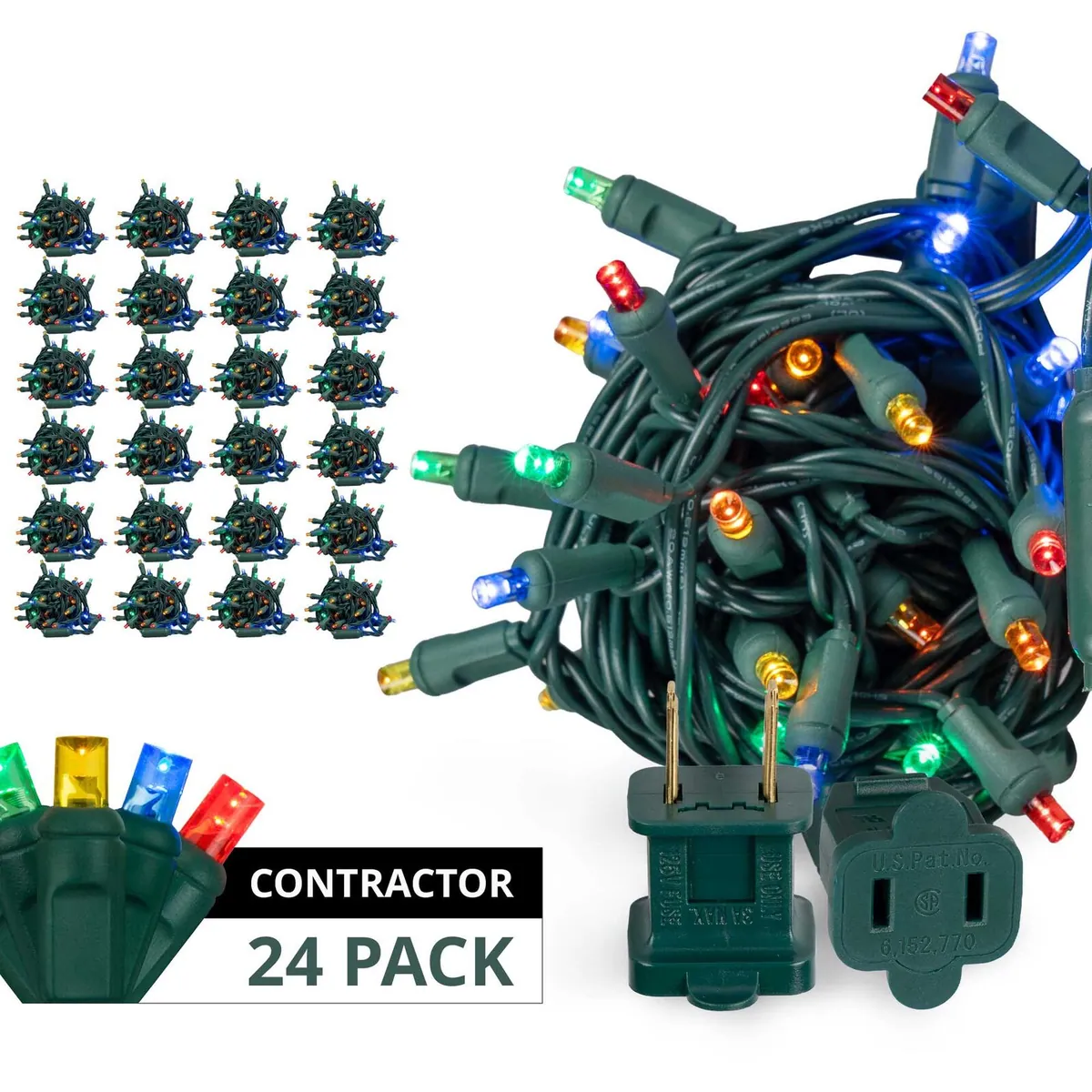70 5mm Multi: Red, Blue, Amber, Green, Gold LED Christmas Lights, Green Wire — 24-Set Contractor Case - Wintergreen Lighting® 84246