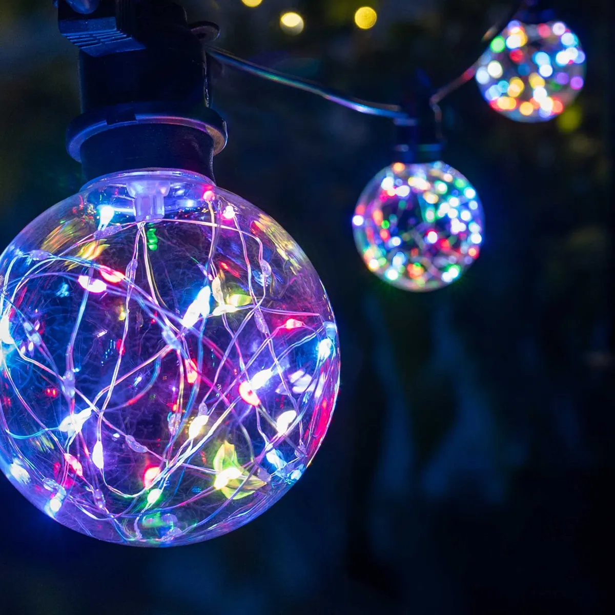 15' RGB Color Change LEDimagine TM Patio String Light Set with 10 G95 Fairy Light Bulbs on Black Wire - Wintergreen Lighting® 84761