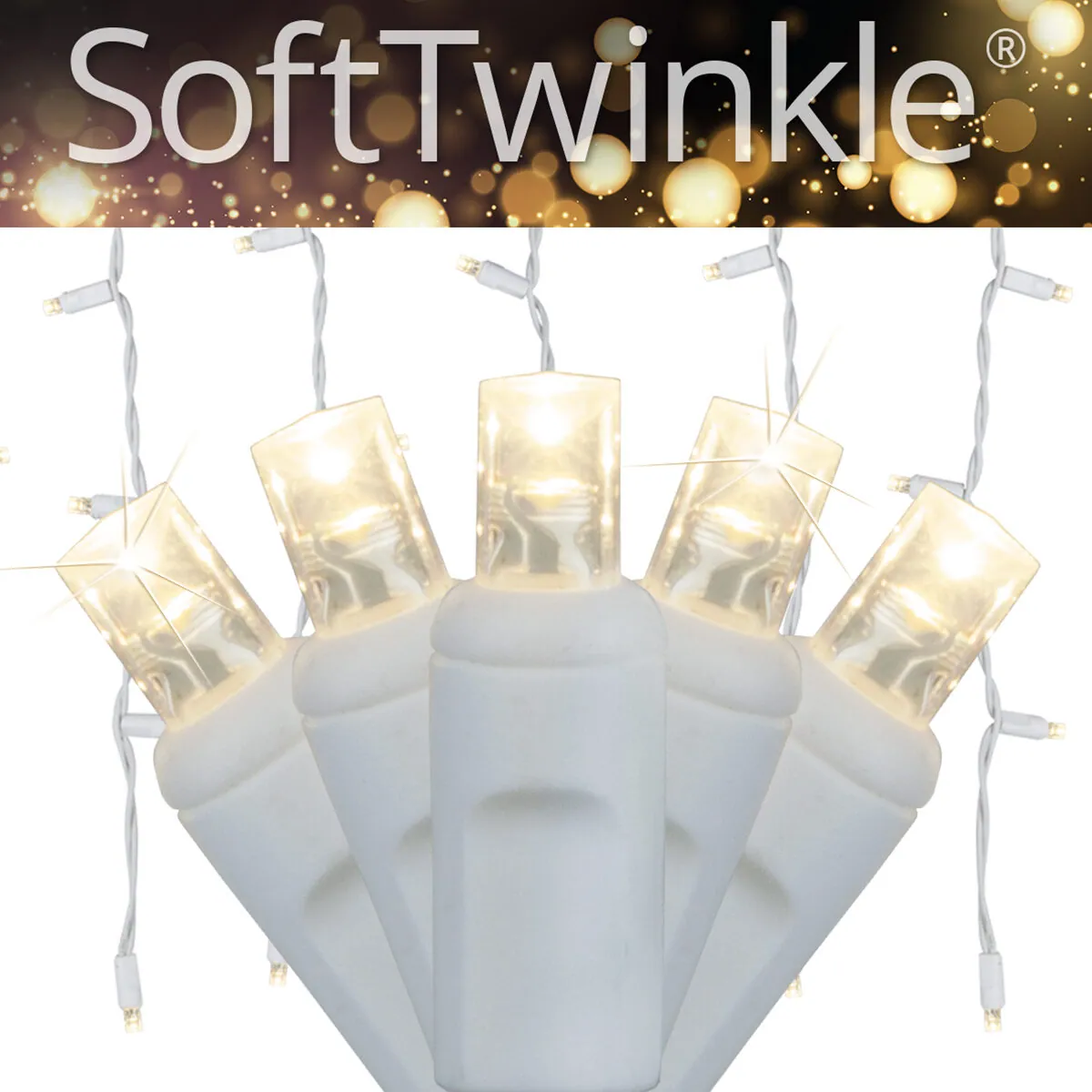 Warm White 5mm LED SoftTwinkle® Icicle Lights on White Wire - Wintergreen Lighting® 85155
