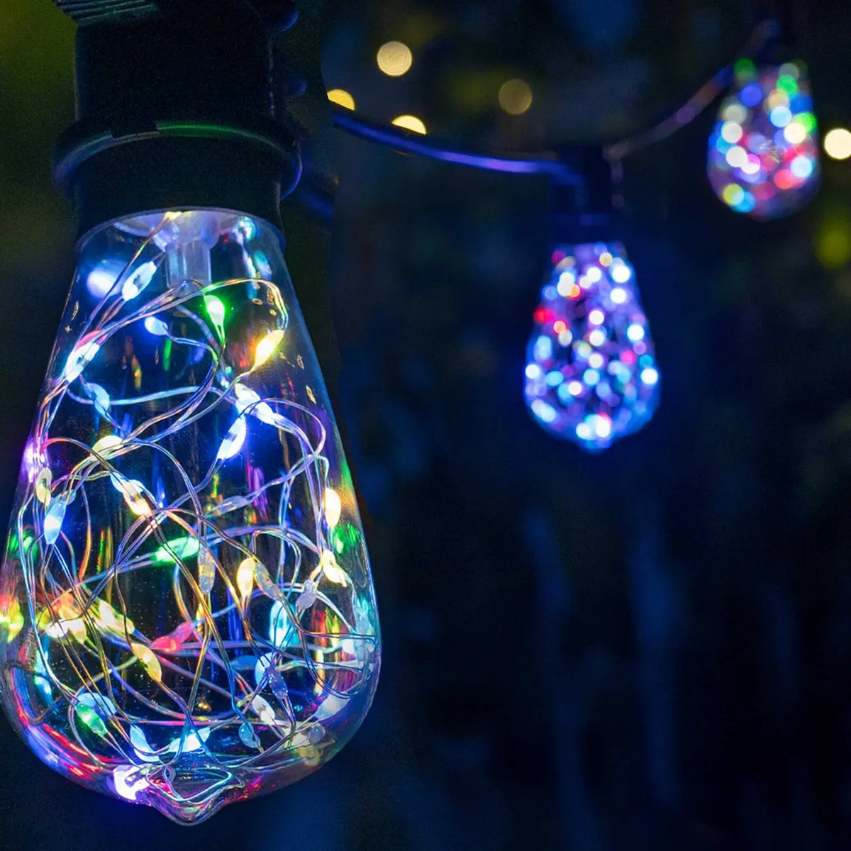 RGB Color Change LEDimagineTM Patio String Light Set with ST64 Fairy Light Bulbs on Black Wire — 10 Lights, 30 Feet - Wintergreen Lighting® 84774
