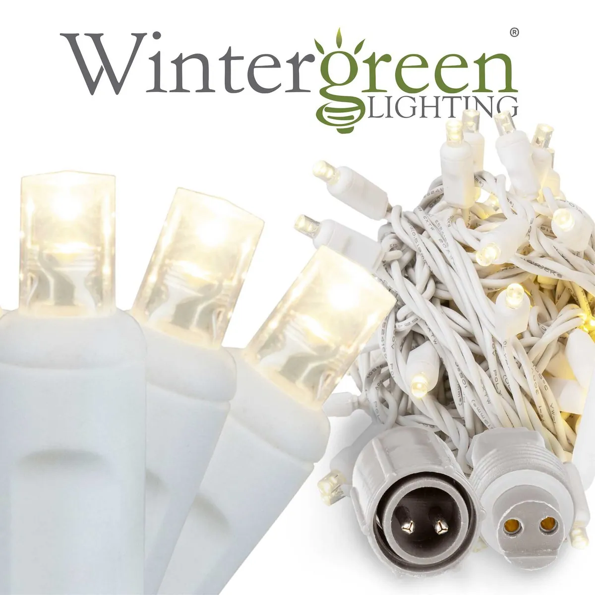 WeatherPROTM Commercial 5mm Wide Angle Warm White LED Christmas Lights on White Wire — 50 Lights, 17 Feet - Wintergreen Lighting® 84242