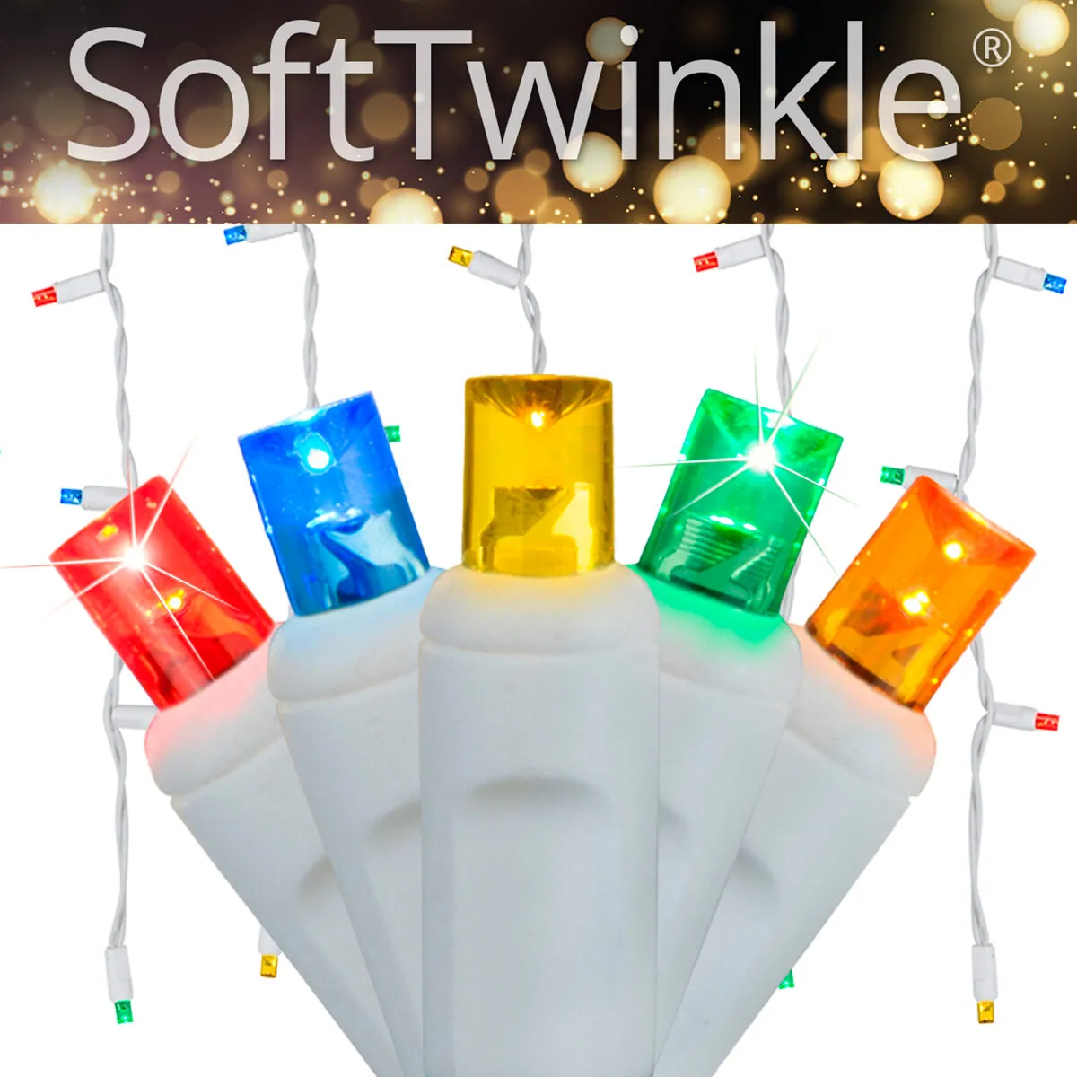 Multicolor 5mm LED SoftTwinkle® Icicle Lights on White Wire - Wintergreen Lighting® 85159