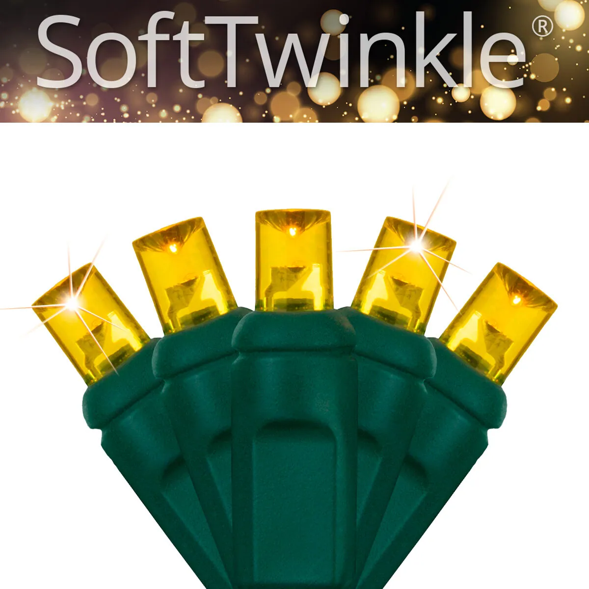 5mm SoftTwinkle® Wide Angle Gold LED Christmas Lights on Green Wire - Wintergreen Lighting® 85209