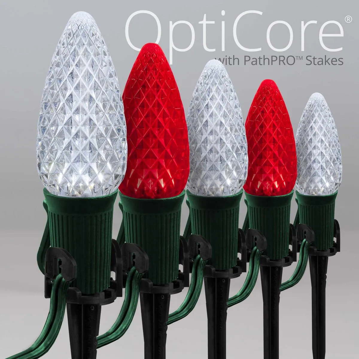 C9 Cool White / Red OptiCore Christmas Pathway Lights, 50 Lights, 5 Inch PathPRO TM Stakes, 50' - Wintergreen Lighting® 87828