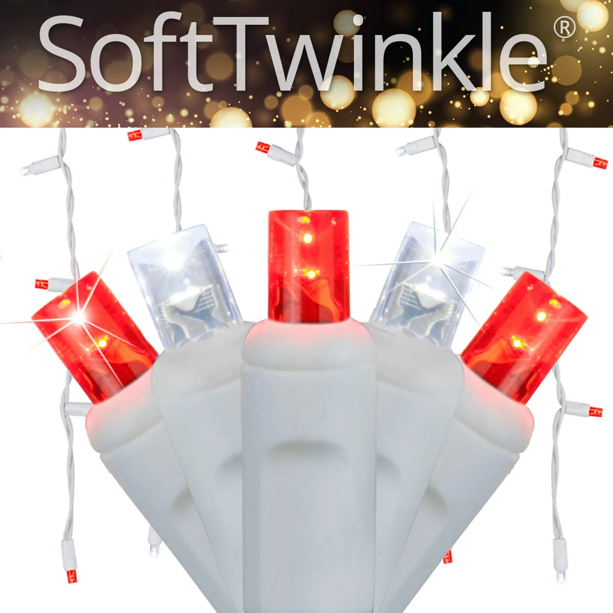 Cool White, Red 5mm LED SoftTwinkle® Icicle Lights on White Wire - Wintergreen Lighting® 85161
