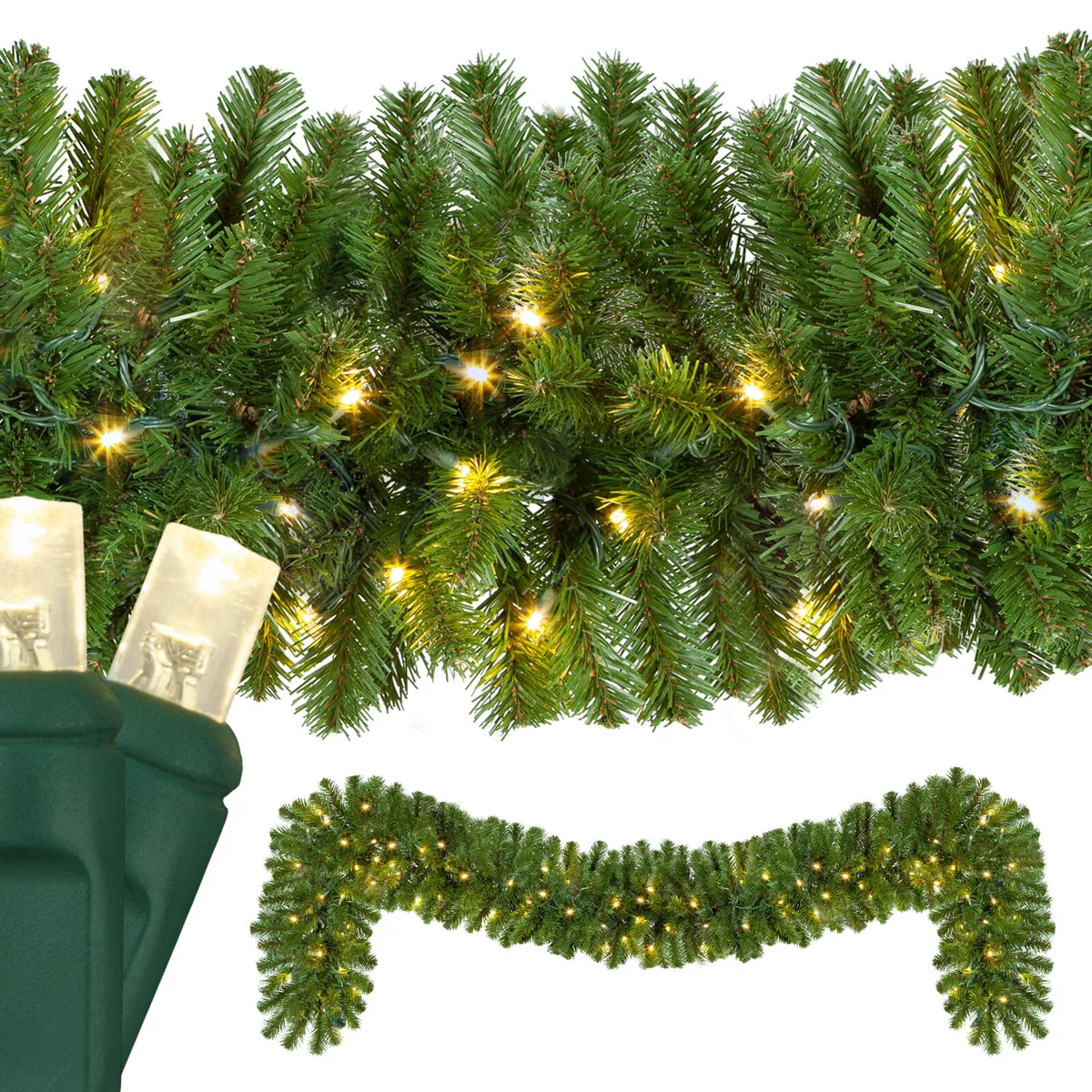 9' x 14" Sequoia Fir Prelit Commercial LED Holiday Garland, 100 Warm White Lights - Red Sleigh® 85493