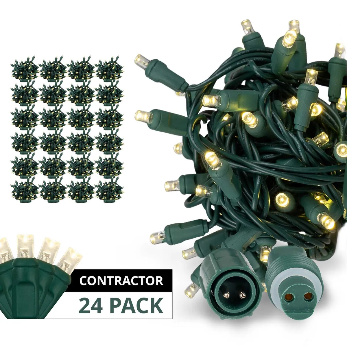 WeatherPRO 50 5mm Warm White LED Christmas Lights, Green Wire — 24-Set Contractor Case - Wintergreen Lighting® 84244