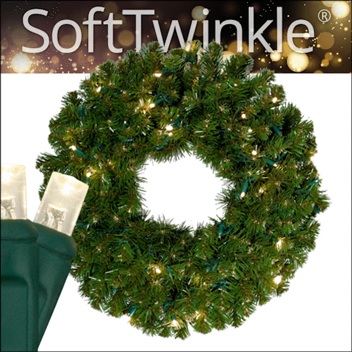 24" Commercial Sequoia Fir Prelit LED Wreath, 50 Warm White LED 5mm SoftTwinkle Lights - Red Sleigh® 85637