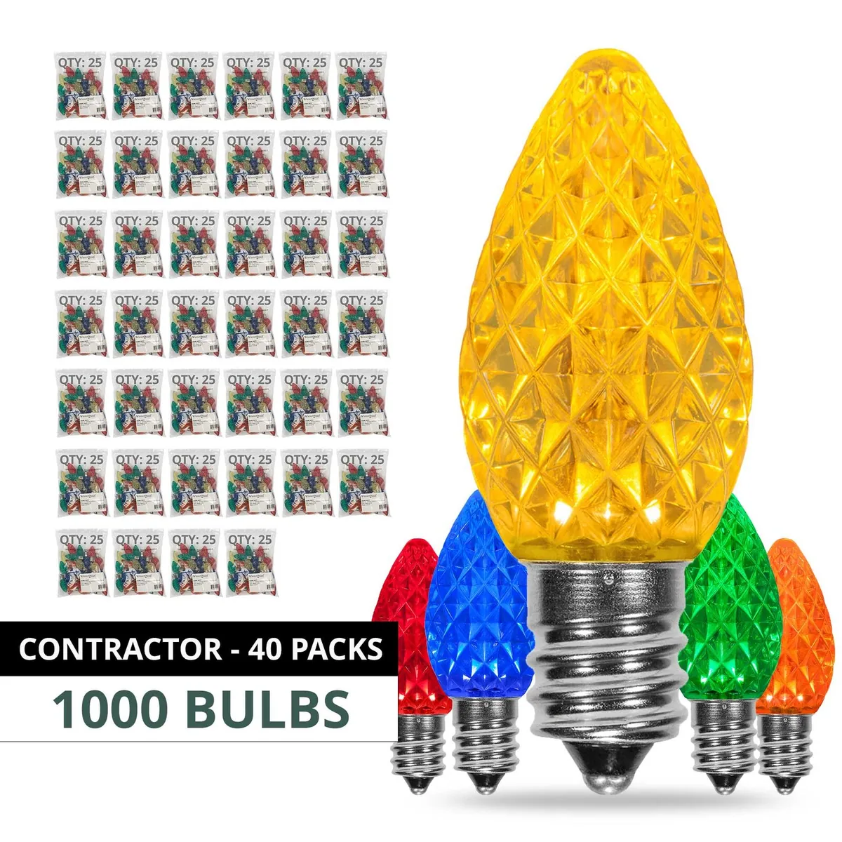 C7 Multi: Red, Blue, Amber, Green, Gold OptiCore LED Bulbs — 1000-Bulb Contractor Case - Wintergreen Lighting® 82970