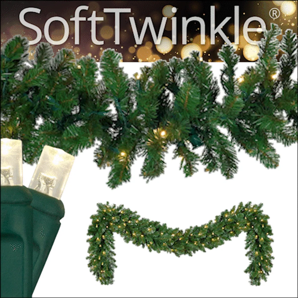Oregon Fir Prelit Commercial LED Holiday Garland, Warm White SoftTwinkle® Lights - Red Sleigh® 84349