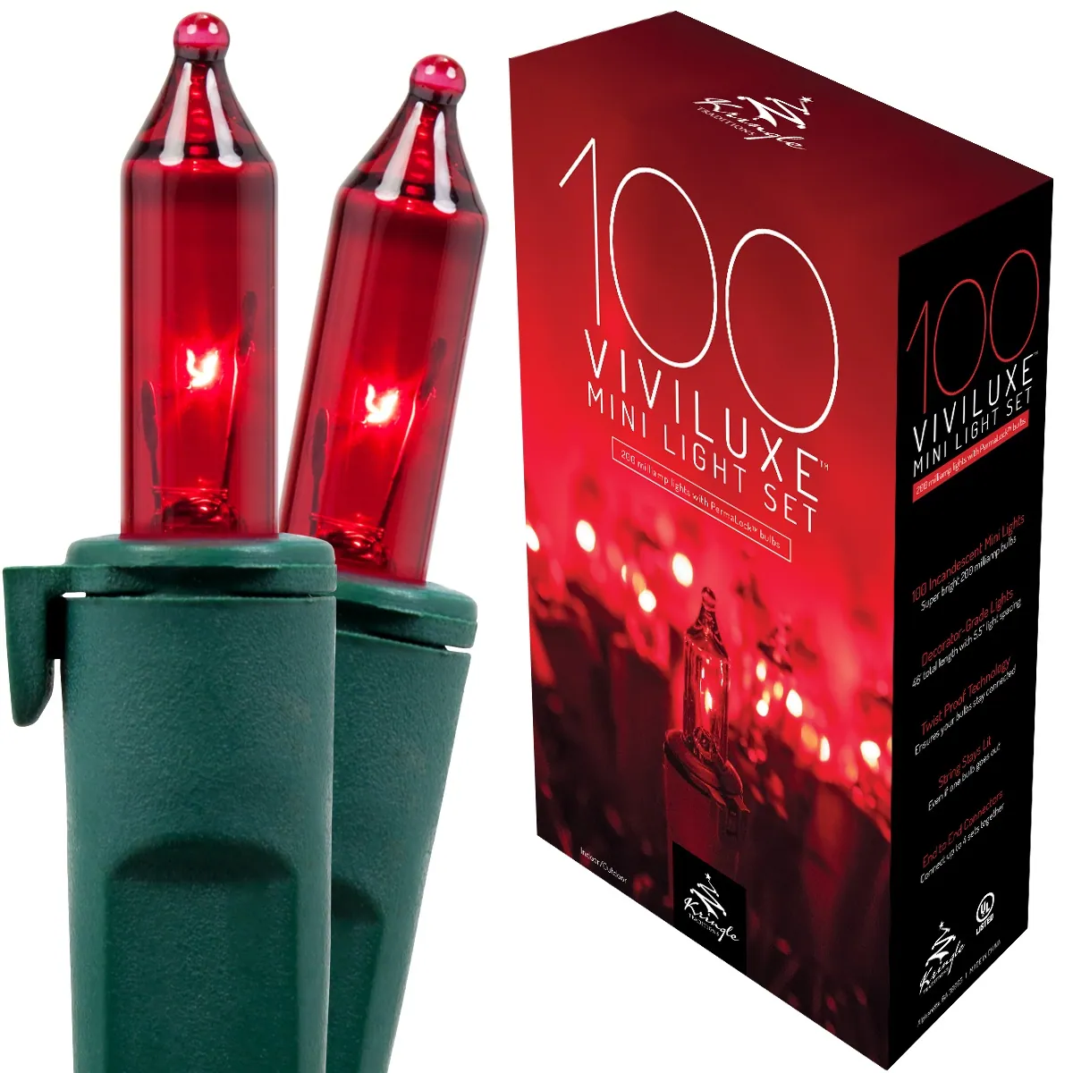 100 Viviluxe TM Red Christmas Mini Lights, Green Wire, 5.5" Spacing - Kringle Traditions® 74372