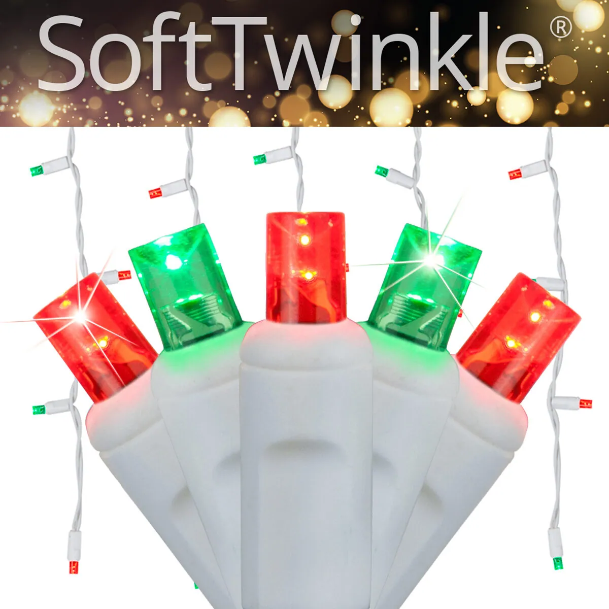 Green, Red 5mm LED SoftTwinkle® Icicle Lights on White Wire - Wintergreen Lighting® 85163