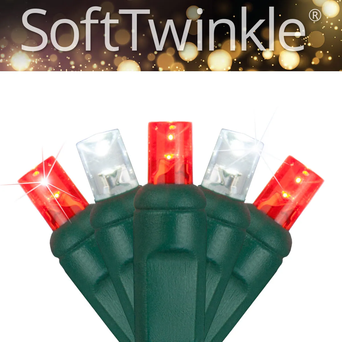 5mm SoftTwinkle® Wide Angle Cool White, Red LED Christmas Lights on Green Wire - Wintergreen Lighting® 85212