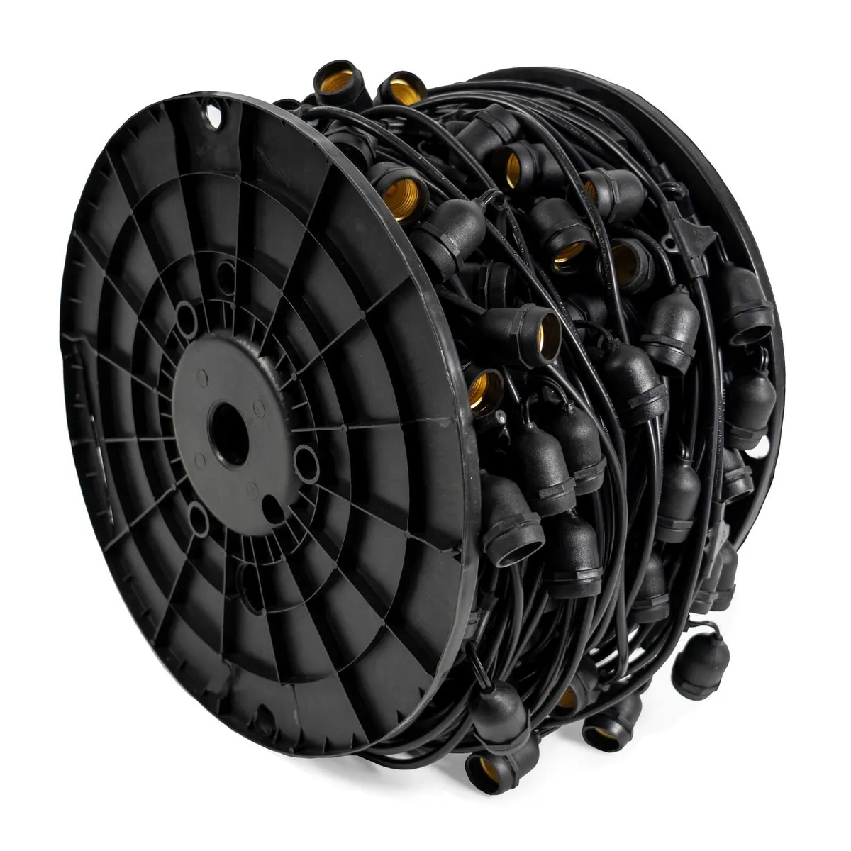 E26 - Medium Light Patio Stringer with Drops, Black Wire — 330 ft, 165 sockets, 24 in spacing - Wintergreen Lighting® 83273