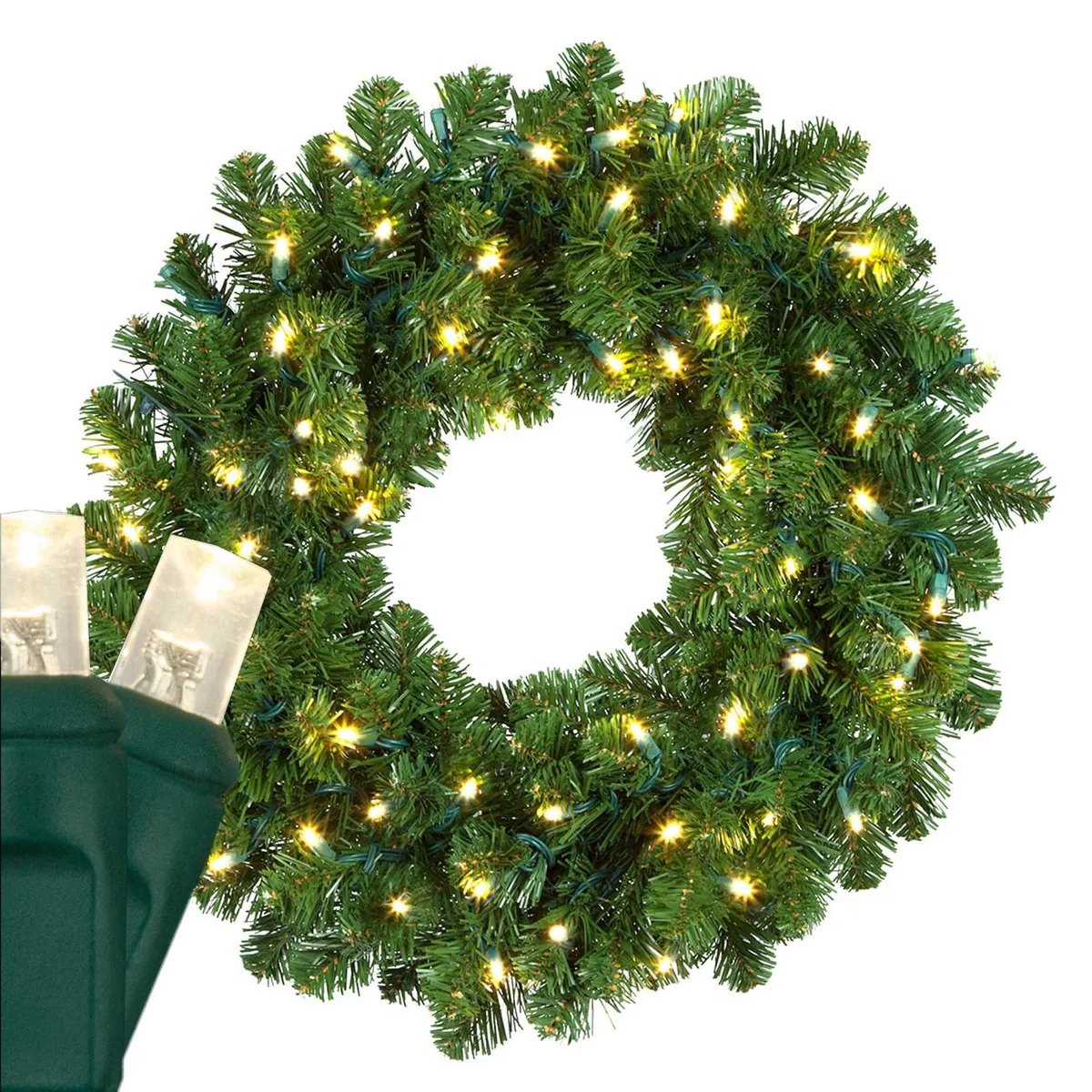 Oregon Fir Prelit Commercial LED Holiday Wreath, Warm White Lights — 30 in, 100 Lights - Red Sleigh® 74820