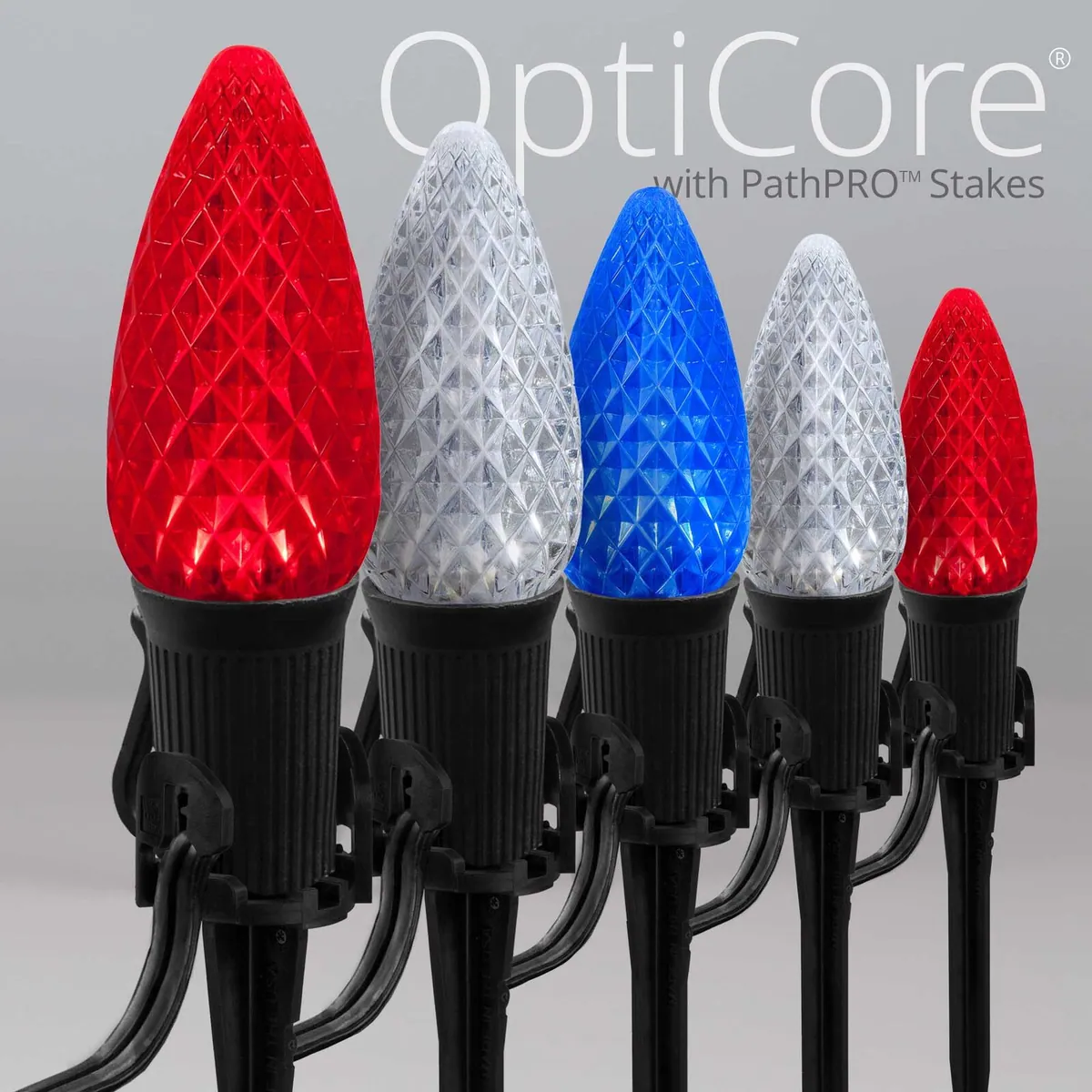 C9 Red / White / Blue OptiCore® Patriotic Pathway Lights, 5" PathPRO TM Stakes - Wintergreen Lighting® 85147