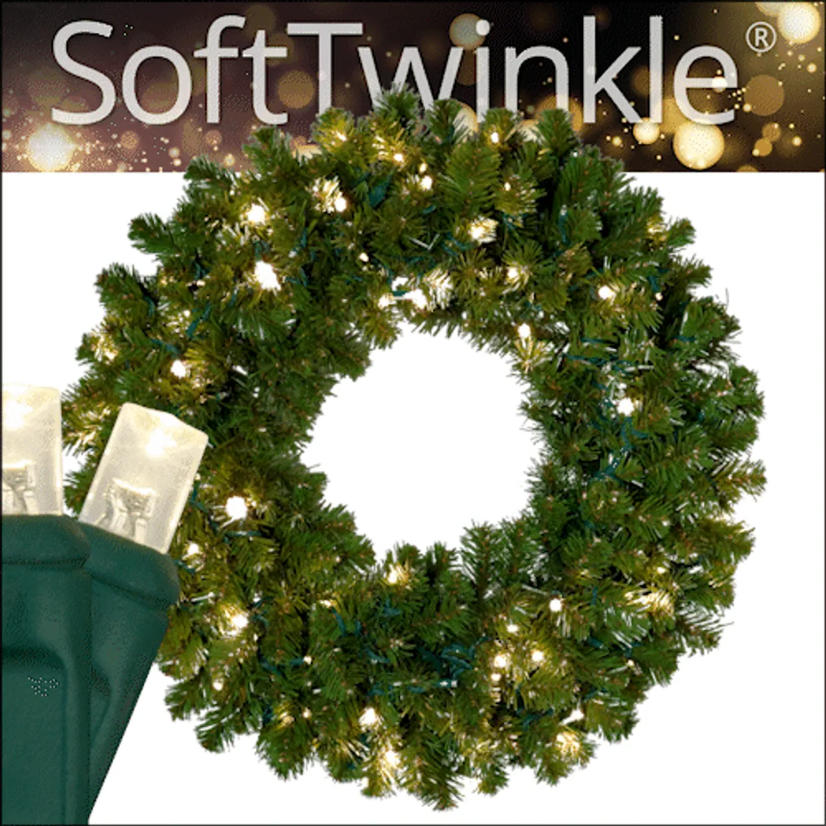 Sequoia Fir Prelit Commercial LED Holiday Wreath, Warm White SoftTwinkle® Lights — 30 in, 100 Lights - Red Sleigh® 84353