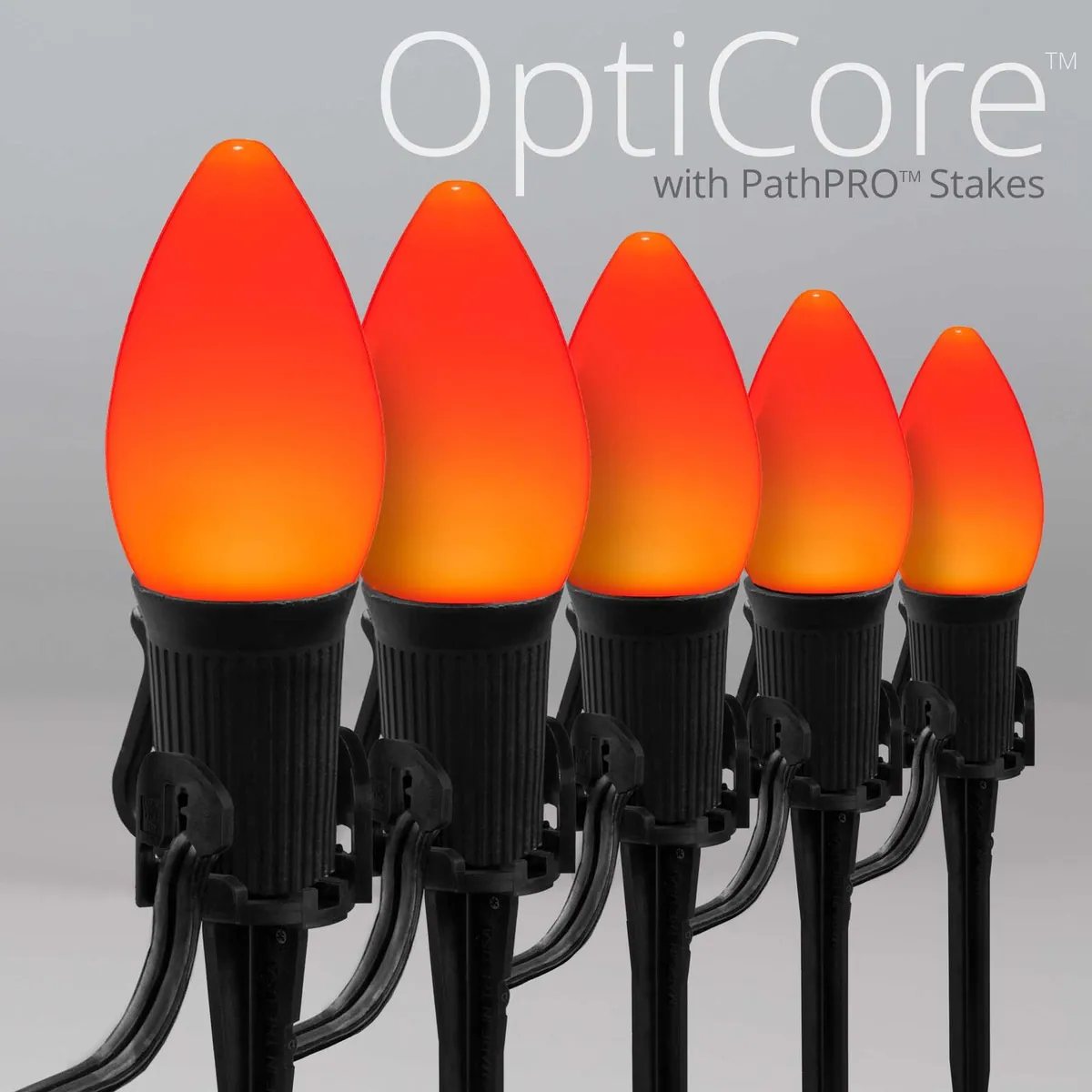 C7 Amber Smooth OptiCore Halloween Pathway Lights, 25 Lights, 5 Inch PathPRO TM Stakes, 25' - Wintergreen Lighting® 87671