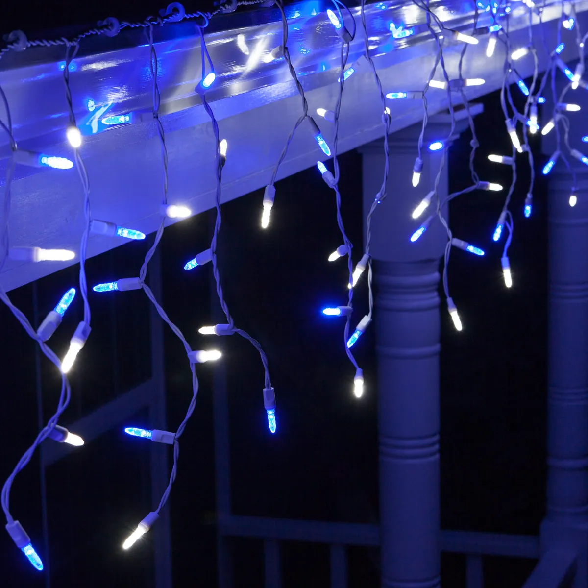 Blue, White M5 LED Icicle Lights on White Wire - Wintergreen Lighting® 85426