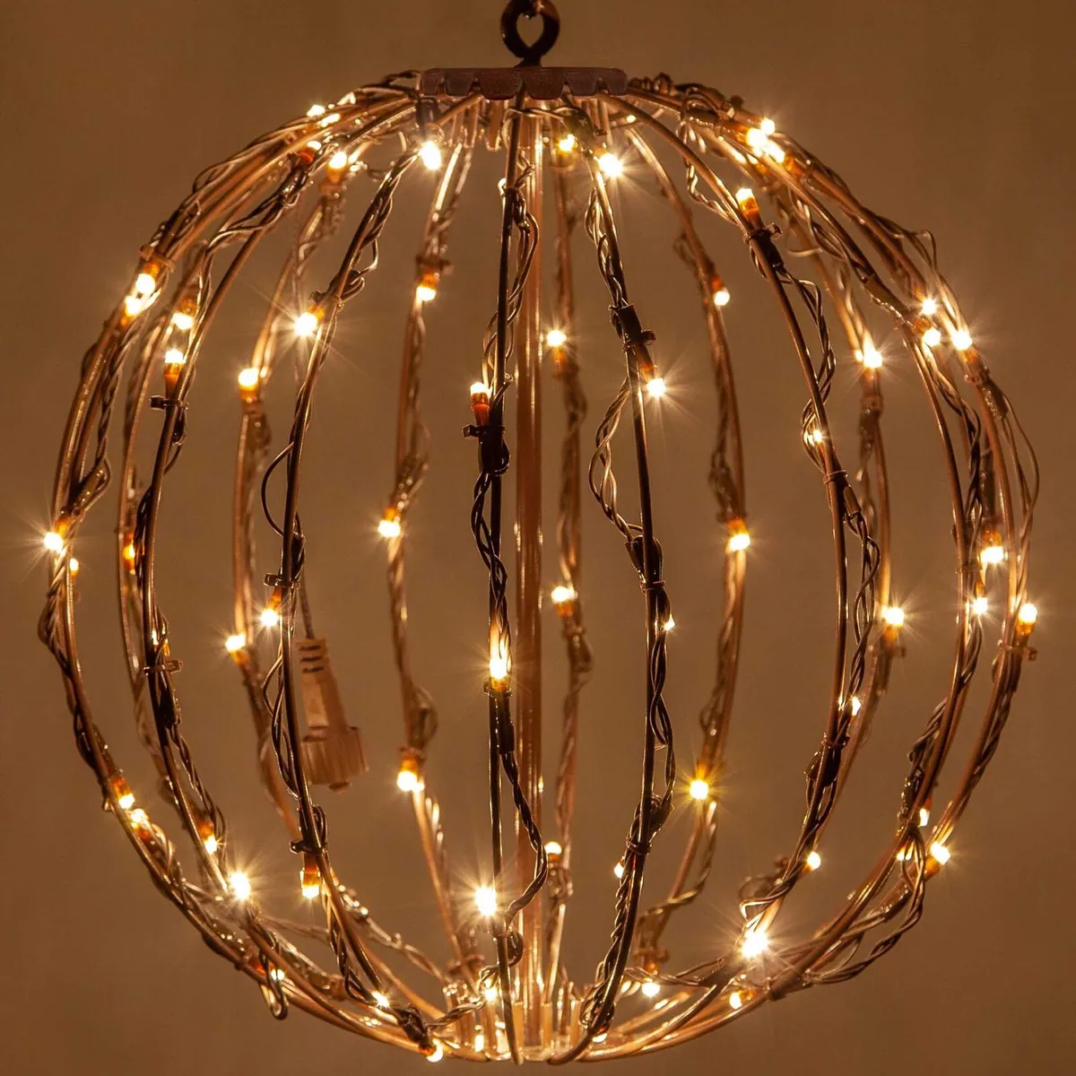 8" Warm White LED Light Ball, Fold Flat Brown Frame — 12 Inches - Wintergreen Lighting® 83566