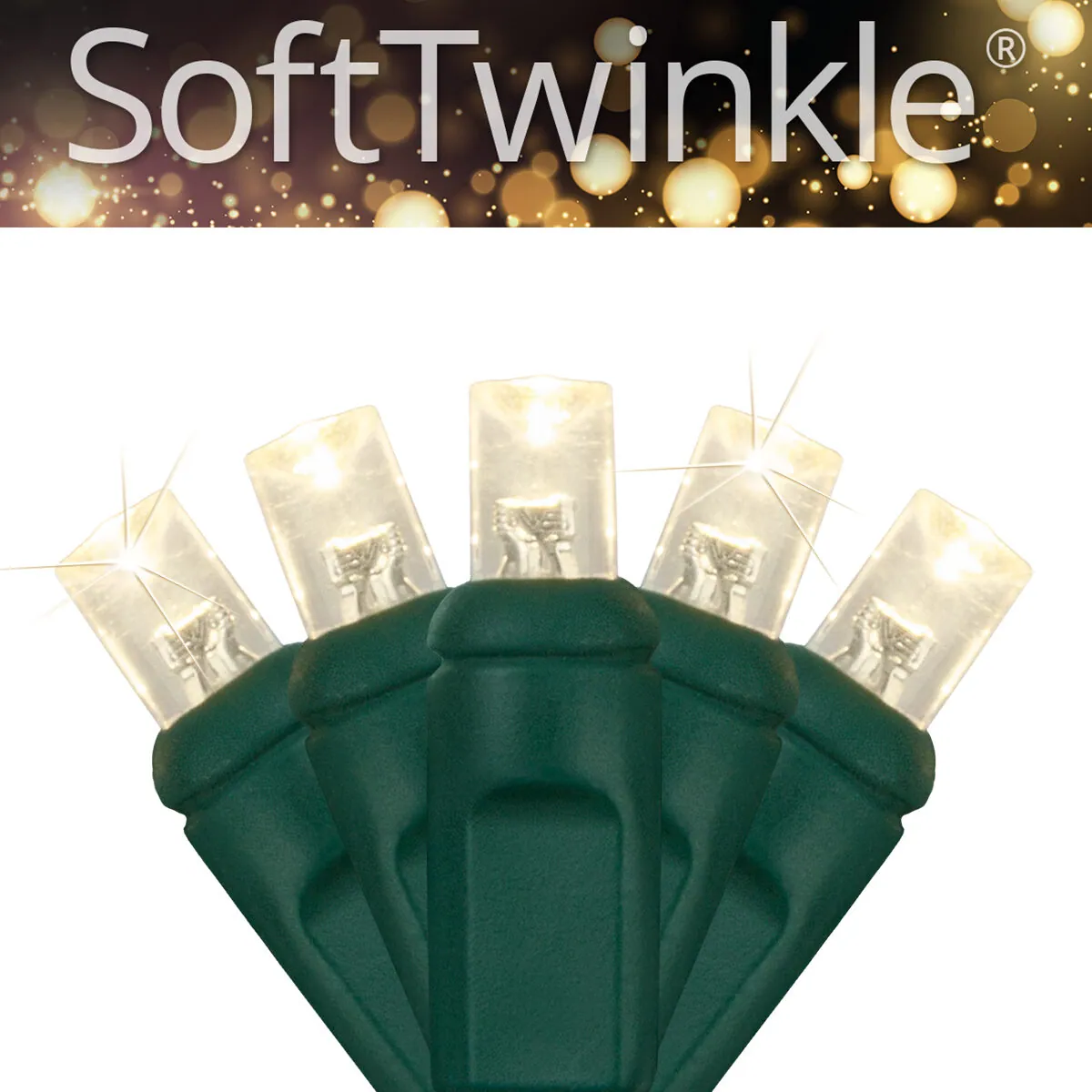 5mm SoftTwinkle® Wide Angle Warm White LED Christmas Lights on Green Wire — 50 Lights, 25.5 Feet - Wintergreen Lighting® 85189