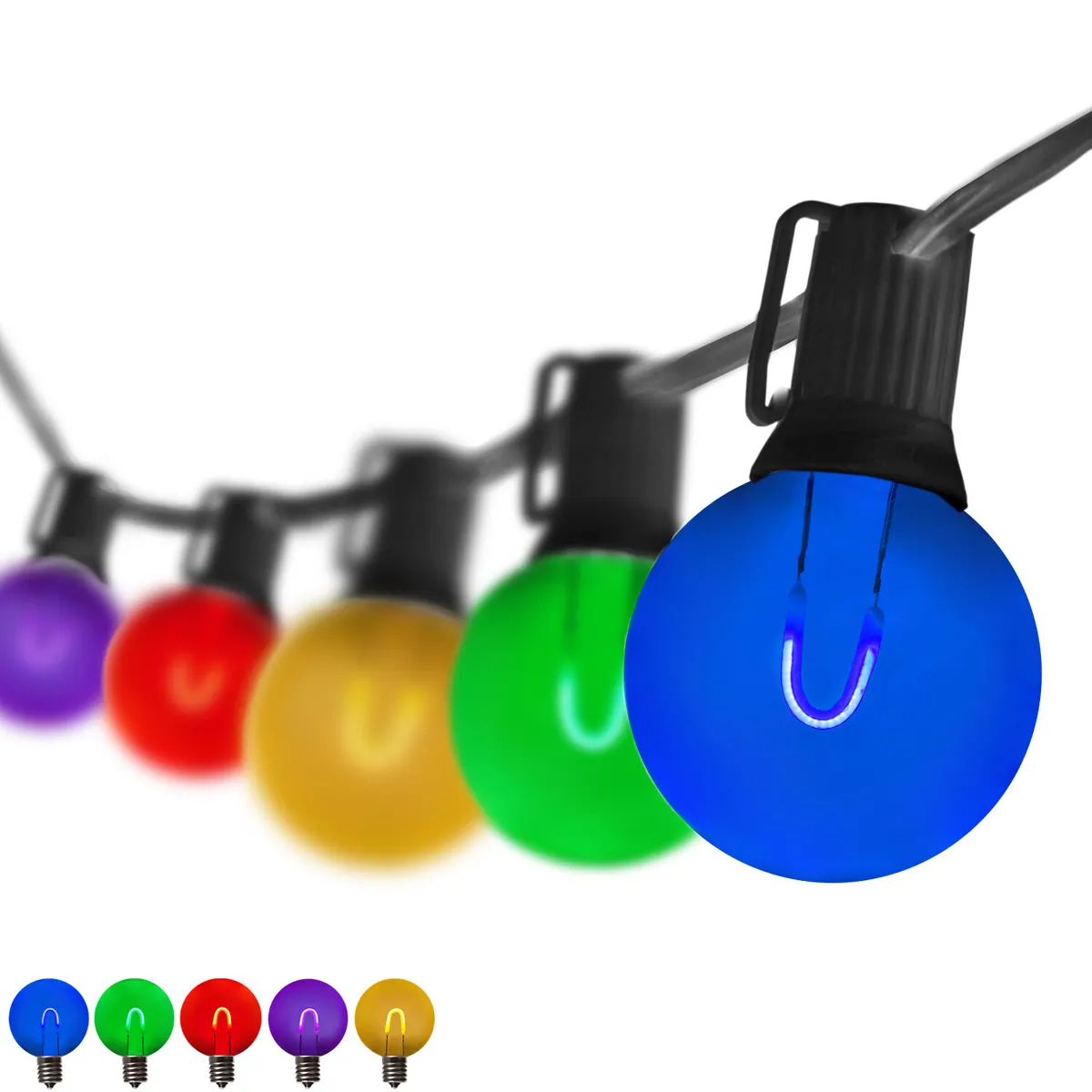 10' Multicolor FlexFilament TM Shatterproof LED Patio String Light Set with 10 G50 Bulbs on Black Wire, E17 Base - Wintergreen Lighting® 80944