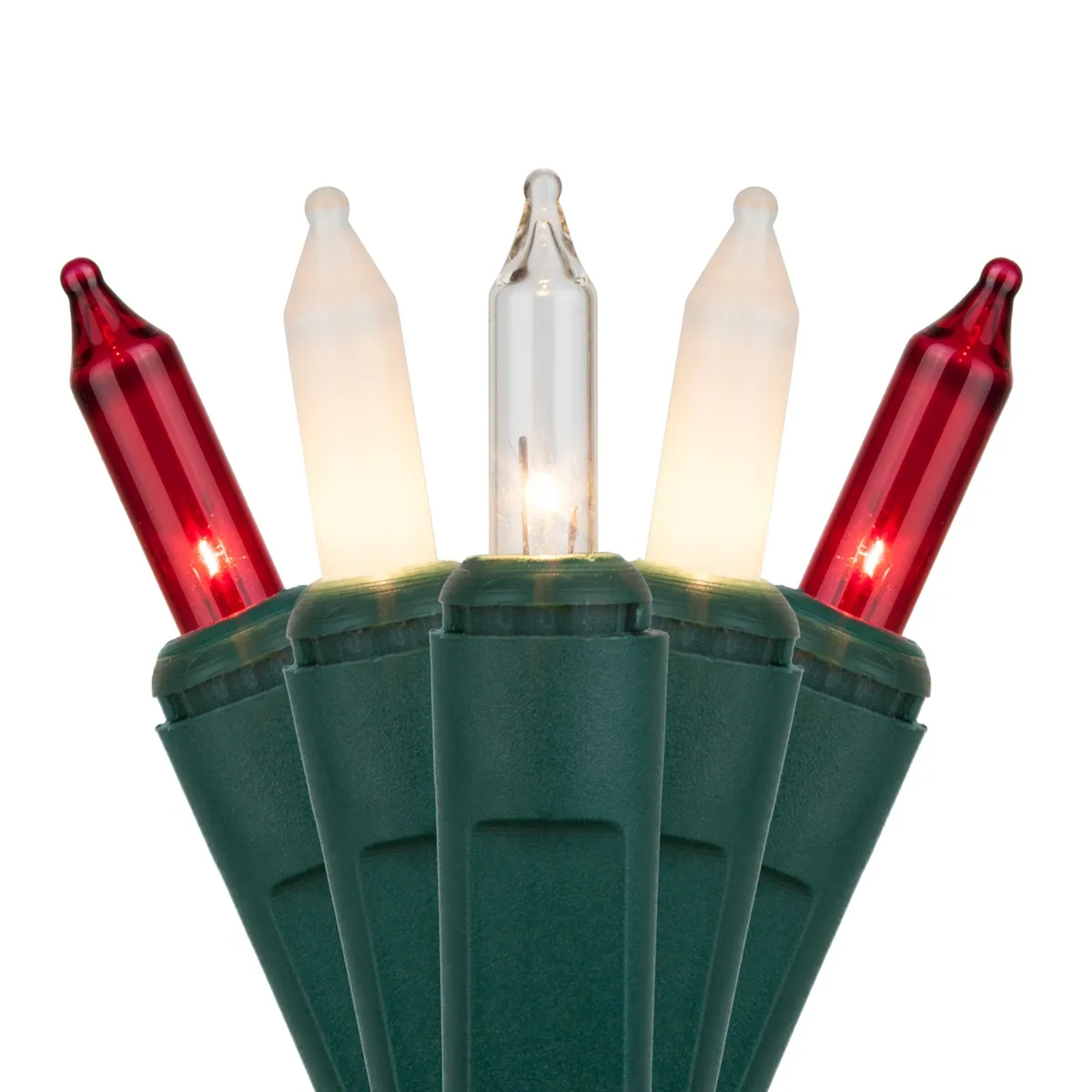 50 Red, Clear, White Frost Mini Lights, Green Wire, 6" Spacing - Kringle Traditions® 74496