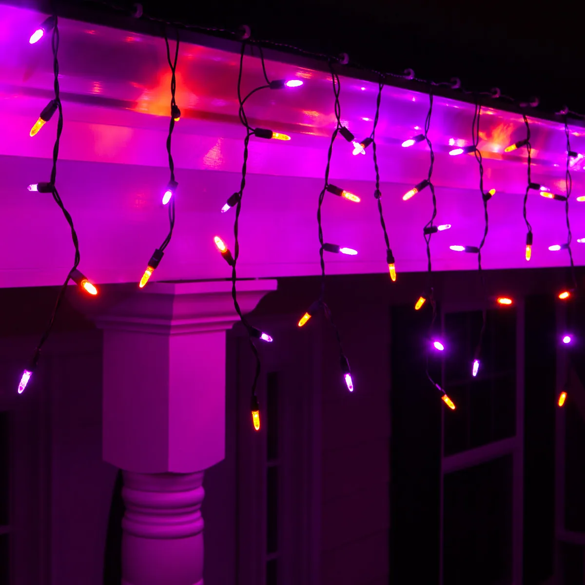Amber, Purple M5 LED Icicle Lights on Black Wire - Wintergreen Lighting® 85434