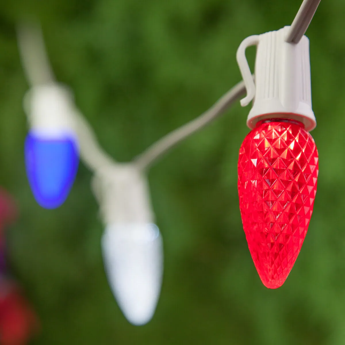 Red, White and Blue OptiCore LED Patio String Light Set with C9 E17 Bulbs on White Wire - Wintergreen Lighting® 87848